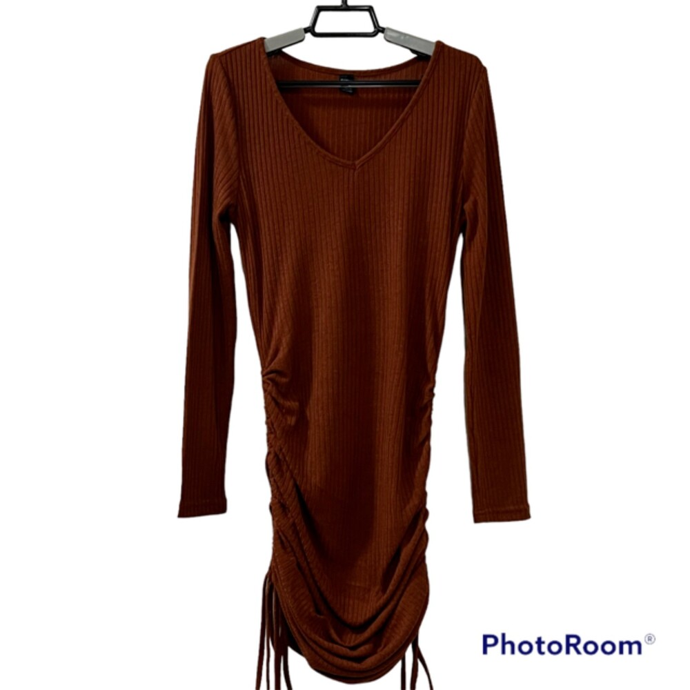 SHEIN Womens L Brown Ribbed V Neck Ruched Drawstring Long Sleeve Bodycon Dress